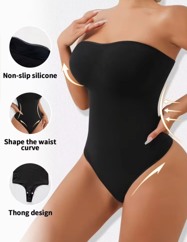 Women’s Strapless Thong Shapewear Bodysuit with Non-Slip Silicone Waist & Curve Shaping